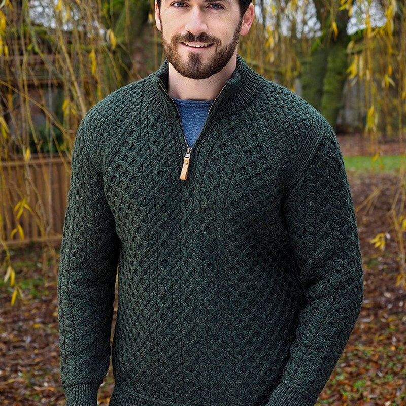 Mens Irish Aran Super Soft Half Zip Sweater